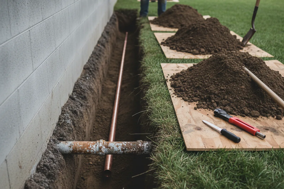 Excavated water line trench during Water Softener Installation in Walton